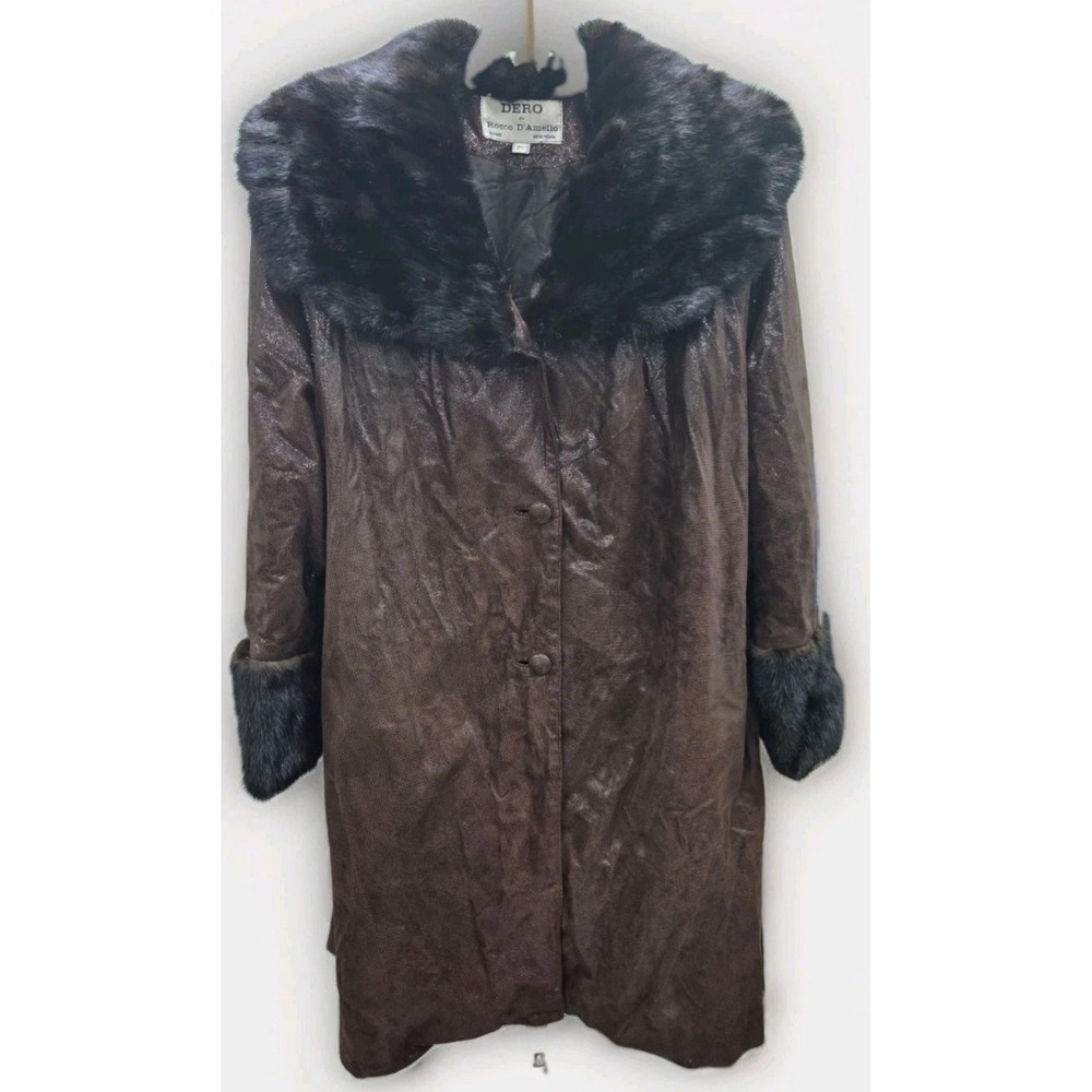 Dero by Rocco D'Amelio Vintage Brown Leather Coat Fur Trim Collar Cuffs Large